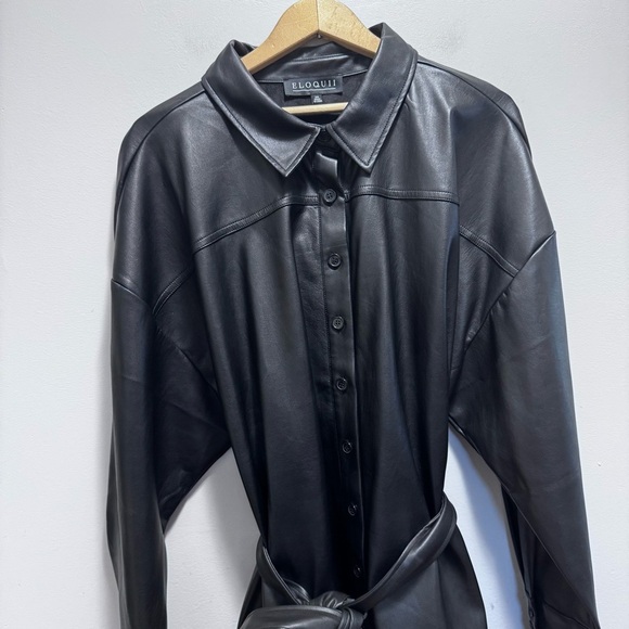 Eloquii Black Faux Vegan Leather Button Down Belted Shacket Size 24 - Picture 3 of 12